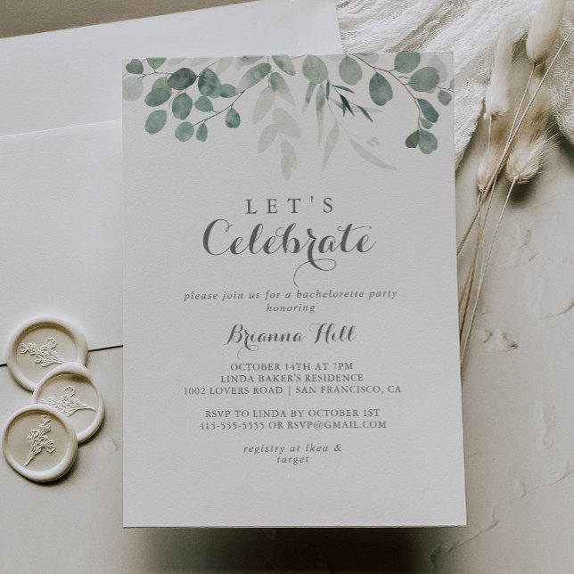 Minimalist Green Eucalyptus Let's Celebrate Party Invitation (Creator Uploaded)