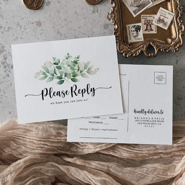 Minimalist Green Eucalyptus Menu Choice RSVP  Postcard (Creator Uploaded)