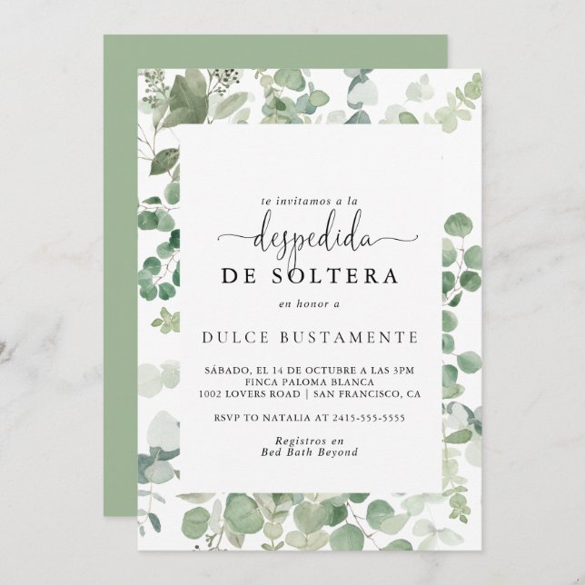 Minimalist Green Eucalyptus Spanish Bridal Shower  Invitation (Front/Back)