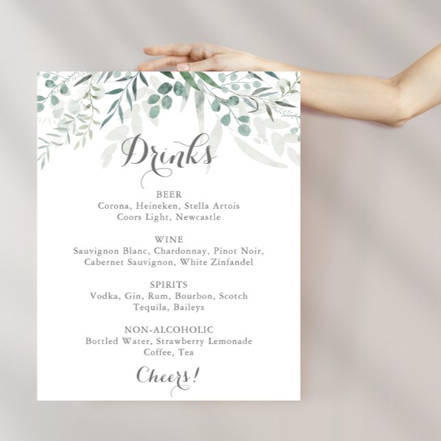 Minimalist Green Eucalyptus Wedding Drinks Menu  Poster (Creator Uploaded)