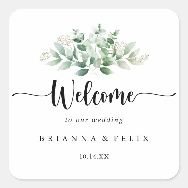 Minimalist Green Eucalyptus Wedding Welcome   Square Sticker (Front)