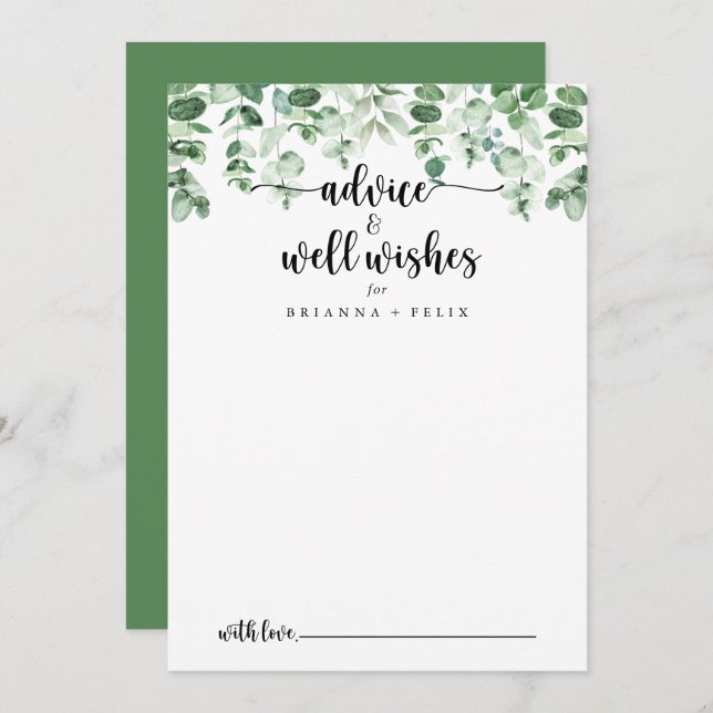 Minimalist Green Eucalyptus Wedding Well Wishes   Advice Card (Front/Back)