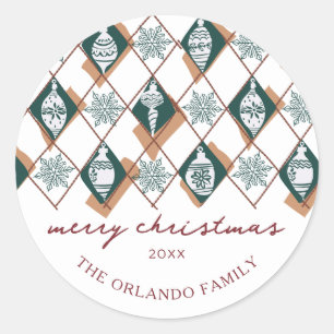 Minimalist Green Family Name Merry Christmas Classic Round Sticker