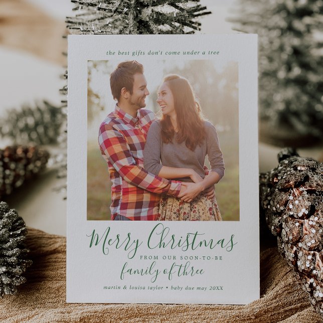 Minimalist Green Family of Three Pregnancy Photo Holiday Card (Creator Uploaded)