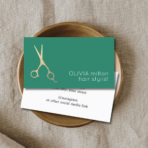 Minimalist Green Faux Gold Scissors Hair Stylist Business Card