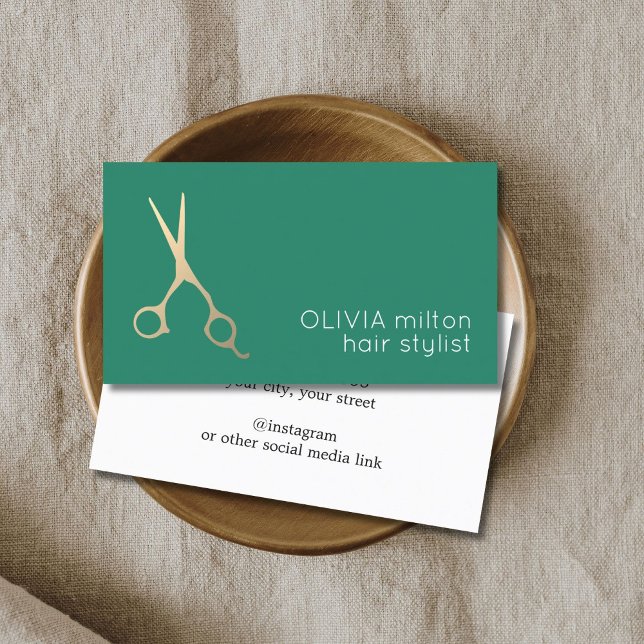 Minimalist Green Faux Gold Scissors Hair Stylist  Business Card (Creator Uploaded)