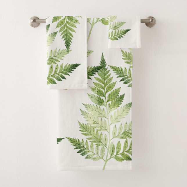 Minimalist Green Fern Botanical Illustration Bath Towel Set (Insitu)