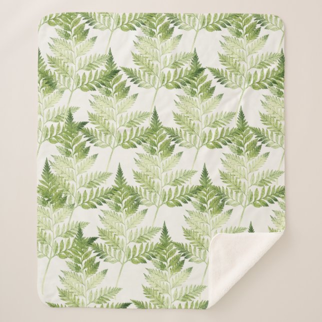 Minimalist Green Fern Botanical Illustration Sherpa Blanket (Front)