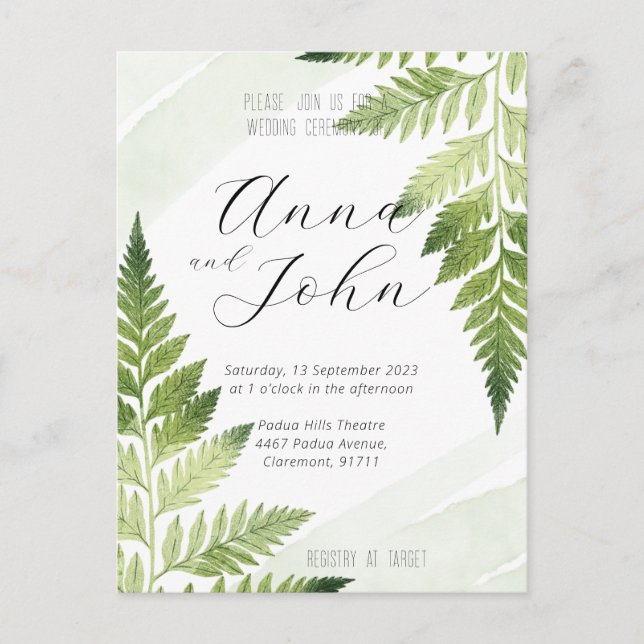 Minimalist Green Fern Wedding Invitation Postcard (Front)