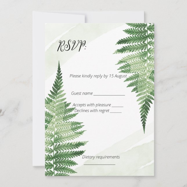 Minimalist Green Fern Wedding RSVP card (Front)