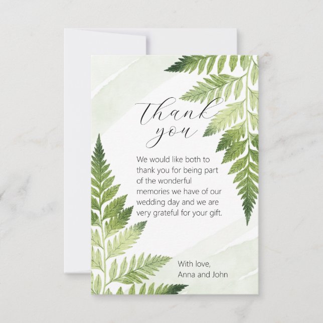Minimalist Green Fern Wedding Thank You Card (Front)