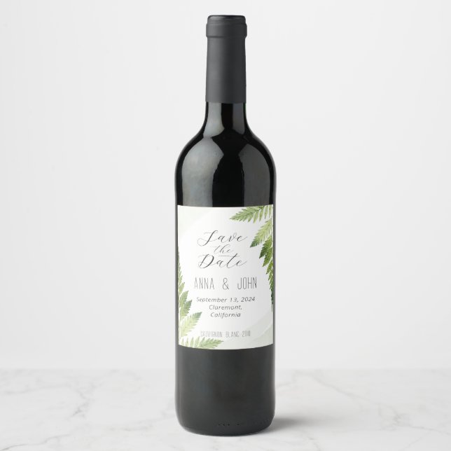 Minimalist Green Fern Wedding Wine Label (Front)