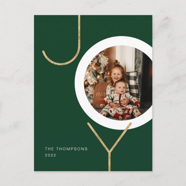 Minimalist Green Glitter Gold JOY Photo Holiday Postcard (Front)