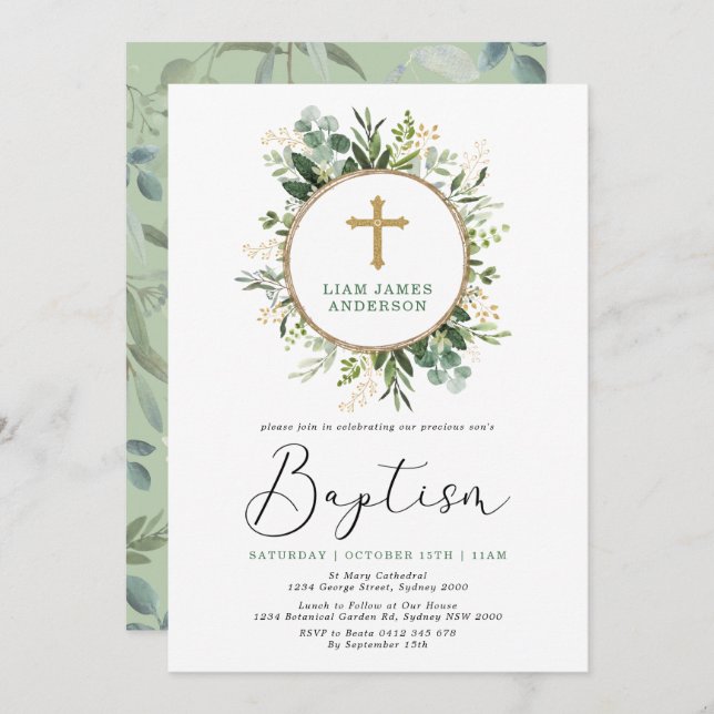 Minimalist Green Gold Botanical Greenery Baptism Invitation (Front/Back)