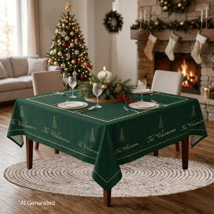 Minimalist Green Gold Christmas Tree Family Name Tablecloth