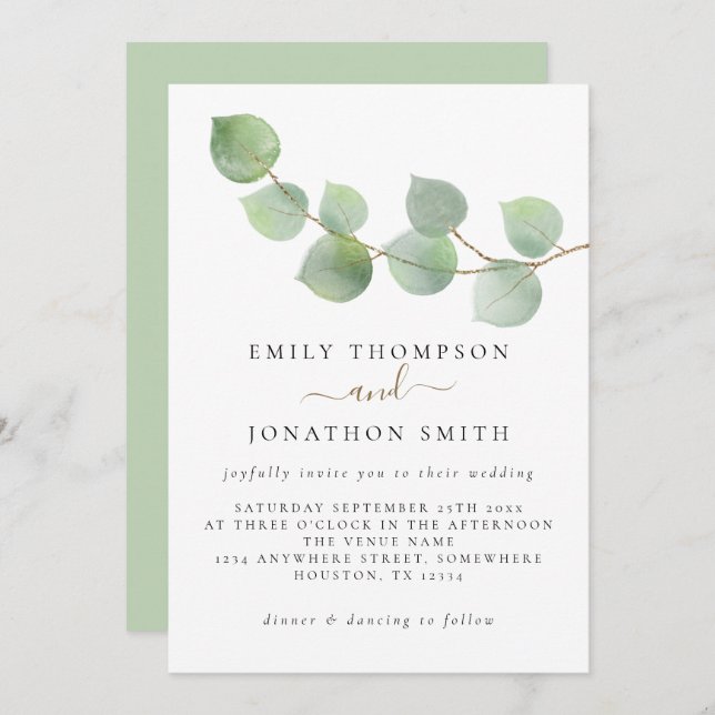 Minimalist Green Gold Eucalyptus Wedding Invitation (Front/Back)