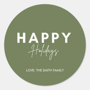 Minimalist Green Happy Holidays Personalize Classic Round Sticker