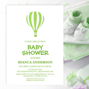 Minimalist Green Hot Air Balloon Baby Shower Invitation