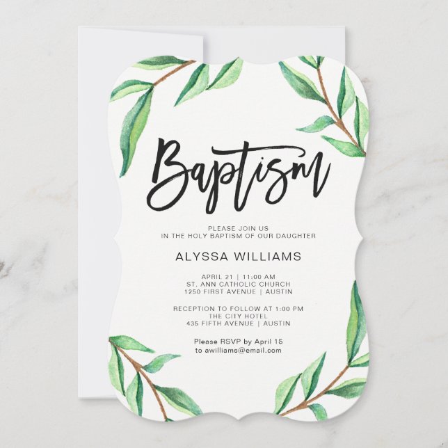 Minimalist Green Leaves on White Baptism Invitation (Front)