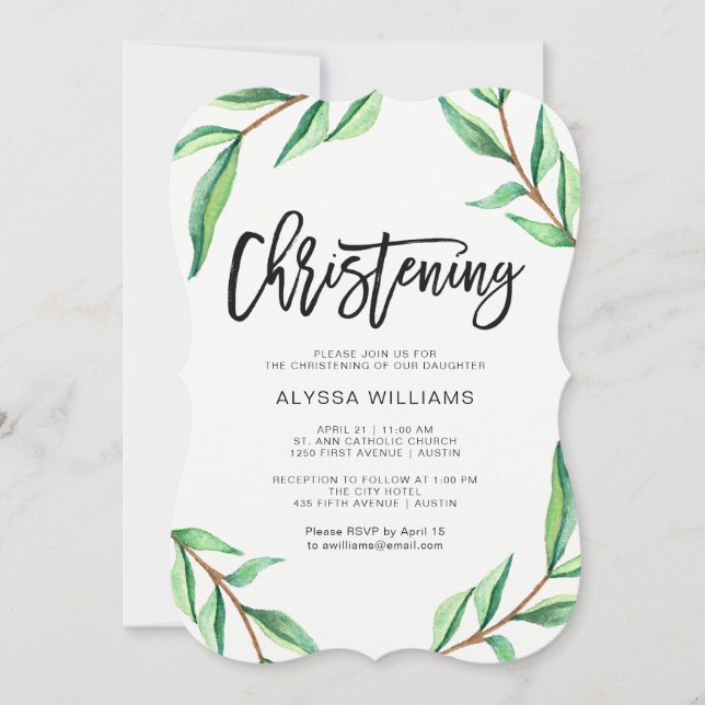 Minimalist Green Leaves on White Christening Invitation (Front)