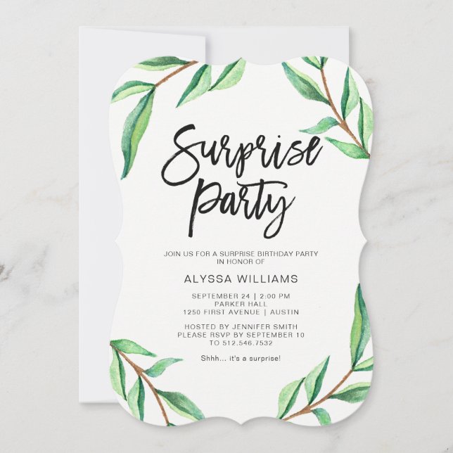 Minimalist Green Leaves on White Surprise Party Invitation (Front)