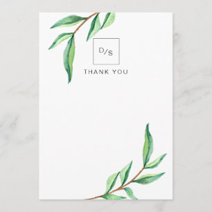 Minimalist Green Leaves on White Wedding Thank You Card