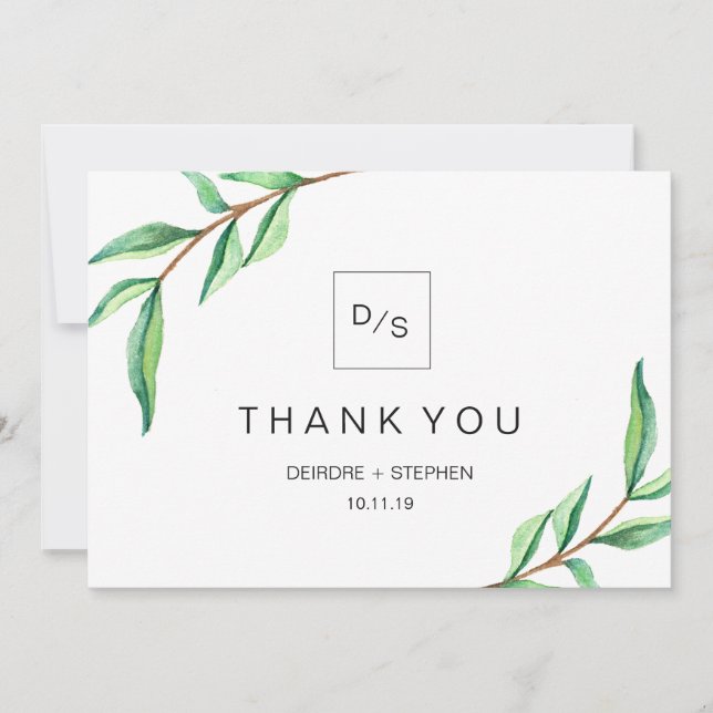 Minimalist Green Leaves | Thank You with Monograms Card (Front)