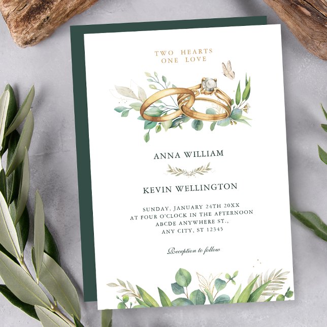 Minimalist green leaves wedding ring  invitation (Creator Uploaded)