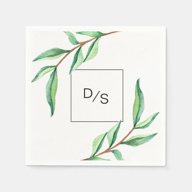 Minimalist Green Leaves with Monogram Wedding Napkin (Front)