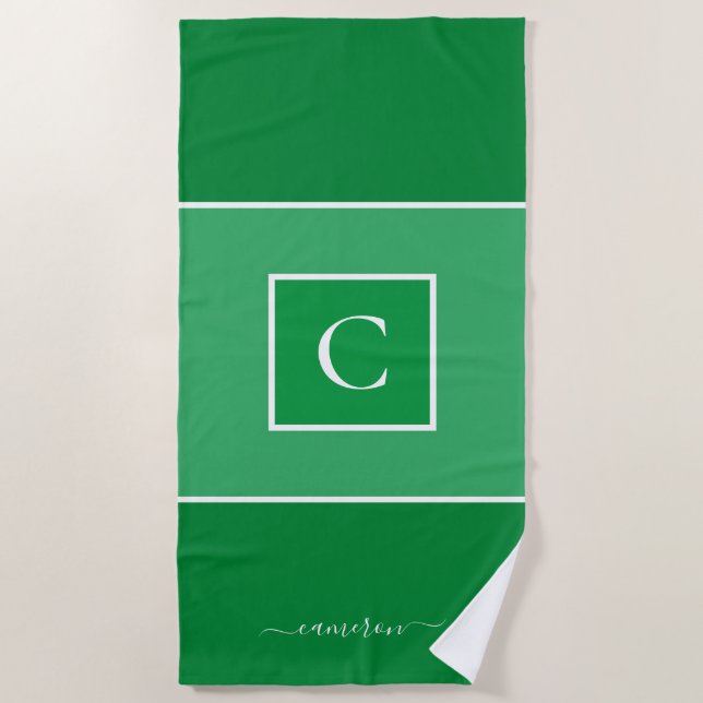 Minimalist Green Monogram Personalized Beach Towel (Front)