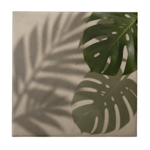 Minimalist Green Monstera Leaf Tropical Shadow Ceramic Tile