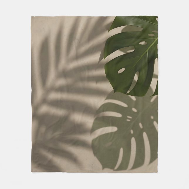 Minimalist Green Monstera Leaf Tropical Shadow Fleece Blanket (Front)