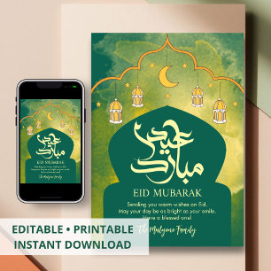 Minimalist Green Mosque Dome & Crescent Moon Eid  Holiday Card