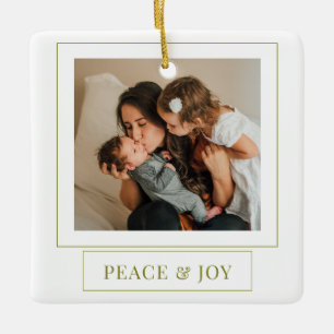 Minimalist Green Peace And Joy Christmas Photo Ceramic Ornament