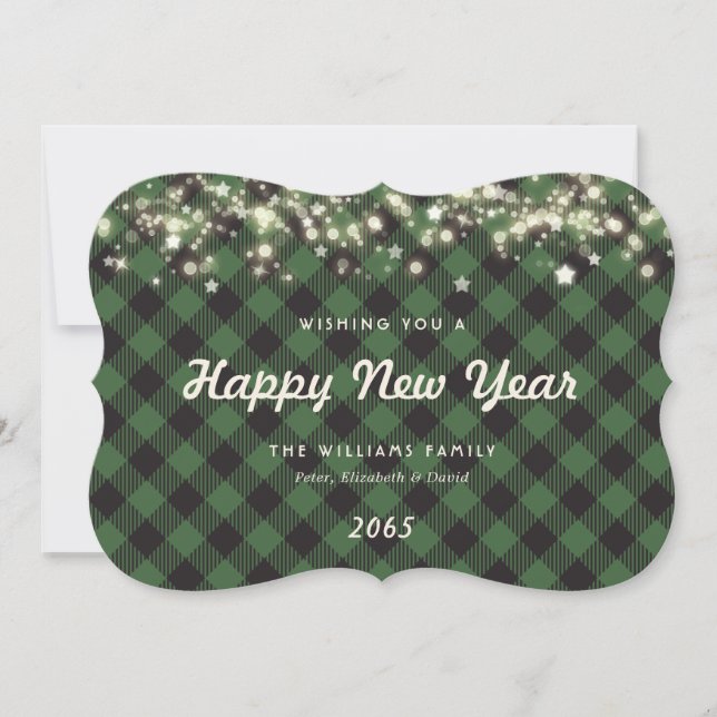 Minimalist Green Plaid New Year Card (Front)