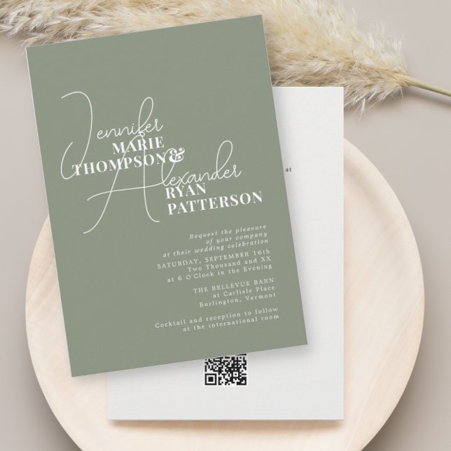 Minimalist Green Sage All in One & RSVP QR Code  Invitation (Creator Uploaded)
