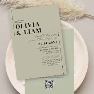 Minimalist Green Sage All One RSVP QR Code Wedding Invitation