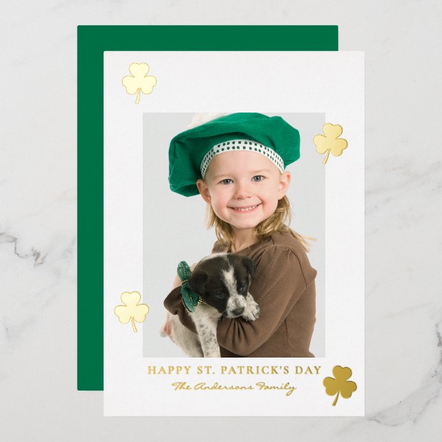 Minimalist Green shamrock St. Patrick's Day Photo Foil Holiday Card (Front/Back)