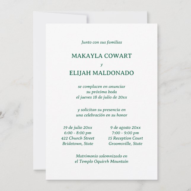 Minimalist Green Spanish-English Two Reception Invitation (Back)