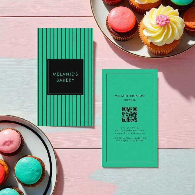 Minimalist Green Tosca Stripes QR Code Bakery  Business Card (Creator Uploaded)