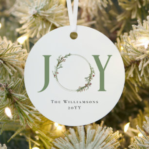 Minimalist Green Watercolor Wreath Joy Christmas Metal Tree Decoration