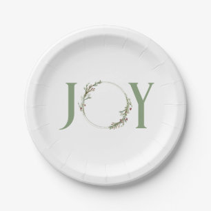 Minimalist Green Watercolor Wreath Joy Christmas Paper Plate