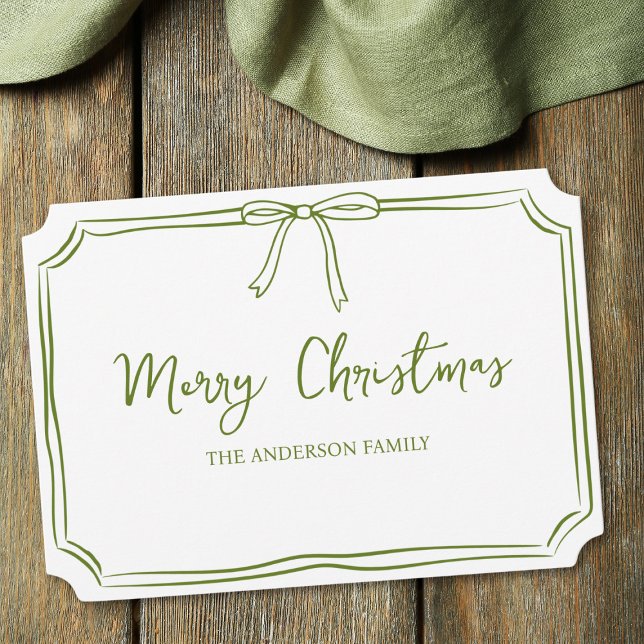 Minimalist Green & White Bow Cute Merry Christmas Card (Celebrate in style with this elegant green Christmas card, perfect for a timeless holiday greeting.)