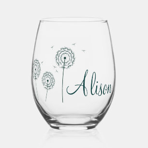 Minimalist Green White Dandelion Flower Name Stemless Wine Glass
