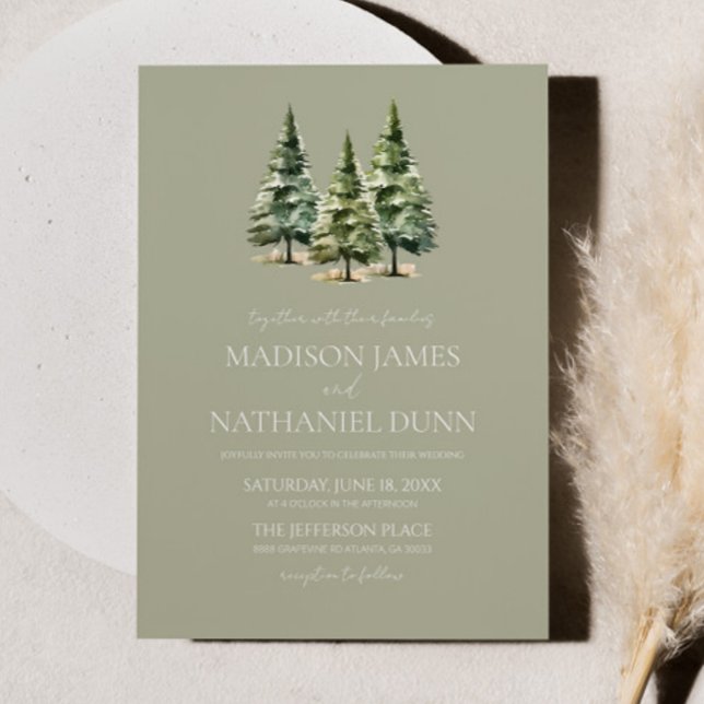 Minimalist Green Winter Snowy Pine Trees Wedding Invitation (Creator Uploaded)