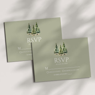 Minimalist Green Winter Snowy Pine Trees Wedding RSVP Card