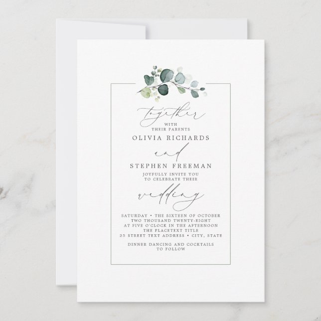 Minimalist Greenery Elegant Script Font Wedding Invitation (Front)