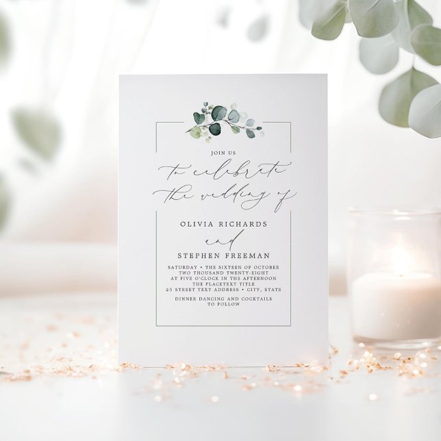 Minimalist Greenery Elegant Script Font Wedding Invitation (Minimalist Greenery Wedding Invitations)