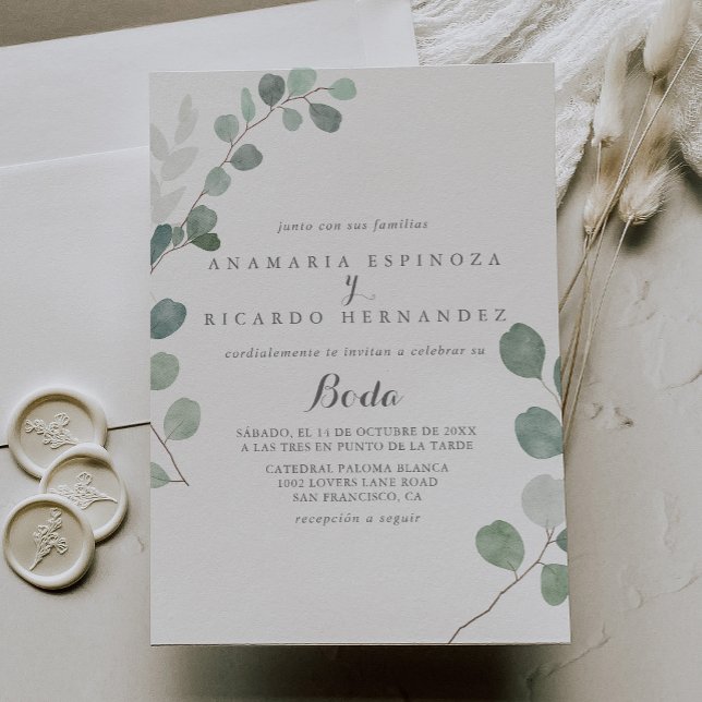 Minimalist Greenery Eucalyptus Spanish Wedding Invitation (Creator Uploaded)