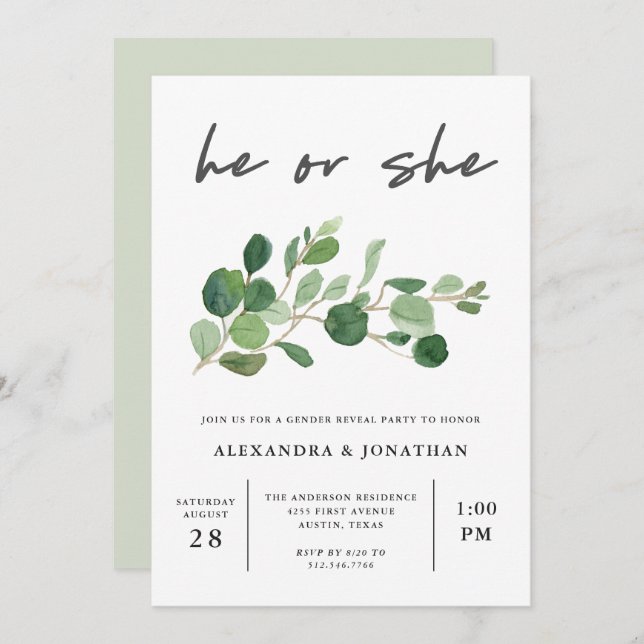 Minimalist Greenery | Gender Reveal Party Invitation (Front/Back)